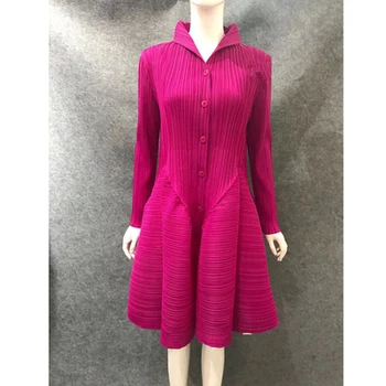 FIERBINTE de VÂNZARE Miyake moda rochie de culoare solidă stand de guler maneca lunga butonul bud rochie FIERBINTE de VÂNZARE
