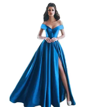 Formal Bleumarin din Satin O-linie Laterală Fantă Rochii de Seara De pe Umăr Etaj Lungime de Bal Rochii Personalizate Vestidos De Fiesta