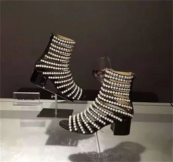 Pistă De Moda Pantofi De Vara Pentru Femei Cu Toc Bloc Cut-Out Sexy Gladiator Sandal Glezna Cizme Strălucitoare Perle Sandale Plus Dimensiune 34-44