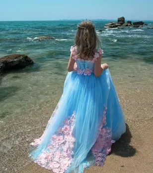 2021 Nou Albastru Floare Fata Rochii Pentru Nunti Bijuterie Mâneci Capac 3D Florale Flori de Vară pe Plajă Fetele Concurs de Rochie de Bal Copii Co