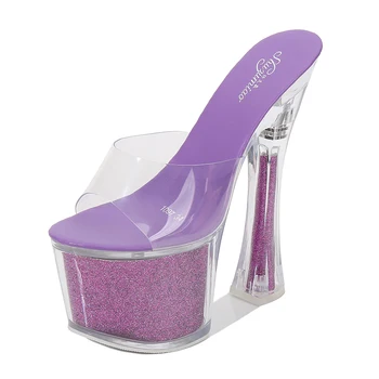 2021 Femei de Vară Transparente 17cm Tocuri de 7cm Sandale cu platforma Slide-uri de lux Tocuri Papuci de casă Roșu purpuriu Sexy Plus Dimensiune Pantofi
