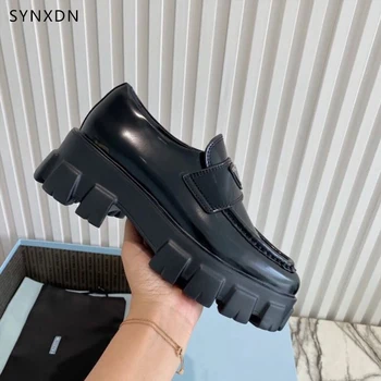 SYNXDN Platforma Plat Respirabil Deget a Subliniat Mocasini Pantofi Femei Cataramă de Metal Fund Gros Zapatillas Mujer Tocuri Negru, de Mare 6cm