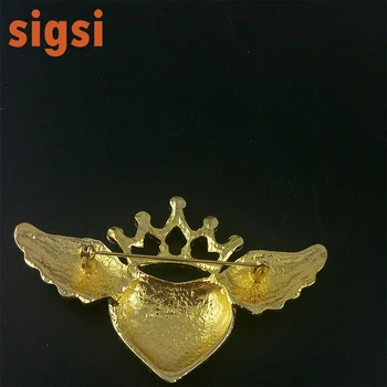 Moda 75mm culoare ton de aur în formă de inimă de înger coroana stras broșă pin cristal aripa pin