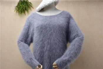 Top mujer femei, haine toamna iarna păros nurca cașmir tricotate gri o-gât pulover de angora blana jumper pulover rochie sus