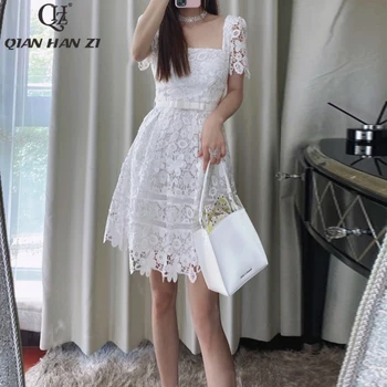 Qian Han Zi de vară de moda rochie de dantelă Femei de Trei-dimensional decor brodat tubular aplicatiile de flori elegant rochie albă