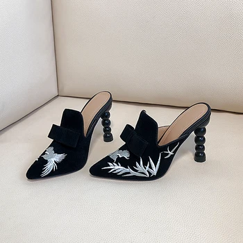 Moda Broderie Neagră, Pantofi cu Toc Perla Tocuri Cut-out a Subliniat Toe Dress Populare Pantofi Marime Mare 43 Picătură Navă