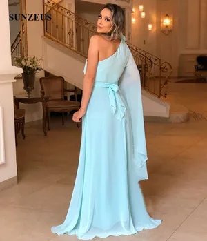 Un Umăr domnișoara de Onoare Dress Șifon Albastru Lumină Oaspete de Nunta Dress O-linie Lung Femei, Rochii de Petrecere 2020 sukienka druhna