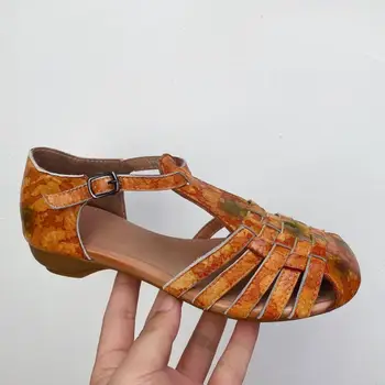 Johnature Femei Sandale Pantofi De Vara Din Piele Curea Cataramă Amestecat Culori Retro Plat Cu Gol Manual De Sandale Cu Platforma
