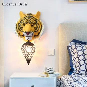 Nordic creative cap de tigru lampă de perete camera de zi hol dormitor lampă de noptieră personalitate condus de rășină de animale lampă de perete
