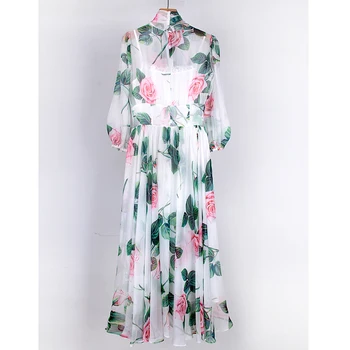 2020 Primavara-Vara piste de înaltă calitate Boeme rochie Sifon Moda femei florale imprimare papion jumătate maneca rochie B529
