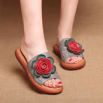 XGRAVITY 2021 Vara Slide-uri Elegante din Piele Floare de Design pentru Femei Papuci cu Talpă Etnice Doamna Sandale Florale de Pantofi B120