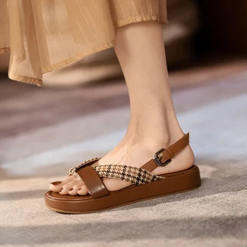 Kmeioo Femei din piele sandale cu toc gros sandale cu platforma stil Liber confort sandale pentru femei în timpul verii 3cm