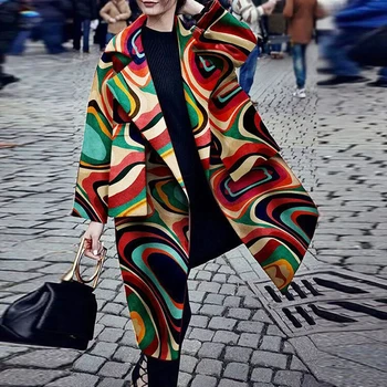 Casual Retro Imprimare Geometrice Doamna Haină de Lână Femei Elegant Guler de Turn-down Palton Lung de Moda de Iarna cu Maneca Lunga Topuri Uza