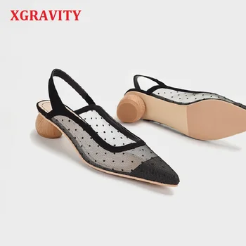 XGRAVITY Respirabil Sandale Plasă Locului de Proiectare a Subliniat Toe Rochie Sexy de Pantofi Doamnelor de Vara cu Toc Femei Ciudat Toc Pompe A145