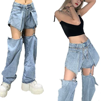 IMCUTE Y2K Moda Strazii Lavabil Blugi Personalitate Detasabila pantaloni Scurți din Denim pentru Femei Talie Mare Stretch Slim Blugi Pantaloni Drepte