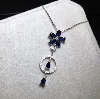 Naturale albastru safir piatră Pandantiv de piatră prețioasă naturale pandantiv S925 argint Elegant drăguț flori ciucuri Femei partid bijuterii fine