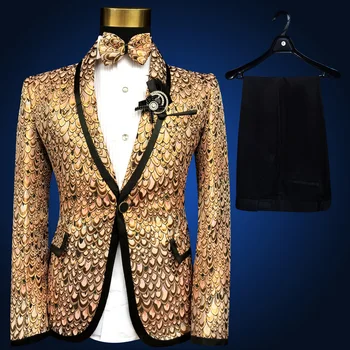 Curtea europeană Paiete de Aur pentru Bărbați Costume de Moda Sacou Prinț Medieval Club de noapte Subțire Blazer Costume Pantaloni Plus Dimensiune S-4XL