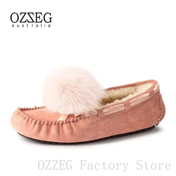 OZZEG de Lux de Brand Designer de Pantofi pentru Femei de Iarnă din Piele naturală Apartamente Australia Blana de Oaie Mocasini Pantofi pentru Femei Blană de Vulpe Decor