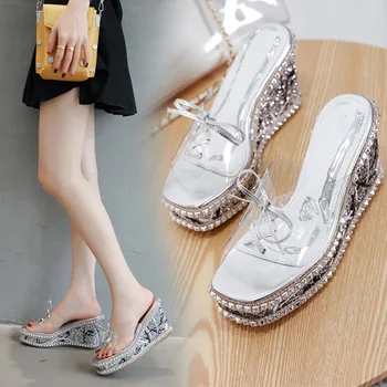 Moraima Snc 2019 aprilie PVC Clar Nit Solid Solid Silver Gold Lady Pantofi de Vara Afara Dating Papuci de casă Pene Platforma