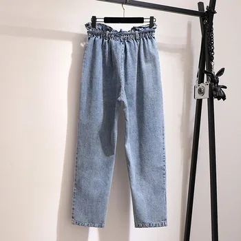 Plus Dimensiune 6XL Îmbrăcăminte pentru Femei Blugi Albastru 2021 Primăvară coreean Slim Pantaloni Largi Femei Denim Pantaloni Betelie Talie Elastic W47