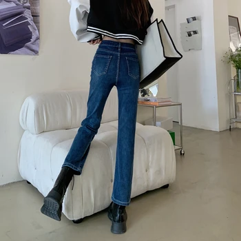 Nou Stil Stretch Straight Blugi Negri Femei Coreene Liber Țigară Pantaloni Talie Mare Pantaloni Din Denim De Sex Feminin