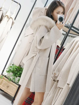 Dubla de lux cu care se confruntă 80/100 real amestec de Lână haina îmbrăcăminte exterioară cu Centură de sex feminin jachete de blană S337