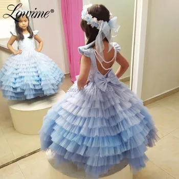 Albastru Concurs De Rochii Pentru Fete, Rochii Fete Cu Flori Pentru Nunti 2020 Vestido De Noiva Plafonate Mâneci Fete Rochii Personalizate
