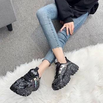 Primăvara Femei Indesata Adidasi pentru Femei de Moda Pantofi Platforma Bling Paiete Dantelă-Up Vulcaniza Pantofi de sex Feminin Formatori Tata Pantofi