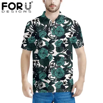 FORUDESIGNS de sex Masculin Tropicale Lasă Model Teuri Întinde Confortabil Performanță Polos T-shirt pentru Bărbați Mâneci Scurte de culoare Verde Închis Haine