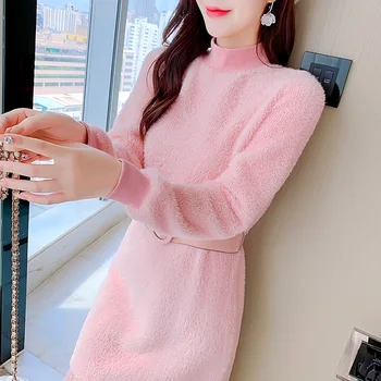 Femei-O Singură Bucată Rochie Casual De Iarna 2021 Birou Doamnă Coreea Stil Maneca Lunga Solid O Talie Mare De Caise Rochii Roz