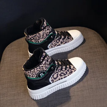 High top plus catifea bord pantofi femei toamna și iarna nou fund gros cu imprimeu de leopard pantofi sport groase de bumbac pantofi