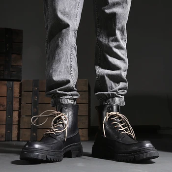 Oamenii De Siguranță Anglia Iarna Stil Dantela-Up High-Top Real Pantofi Din Piele Strada Epocă Platforma Glezna Cizme Biker Homber