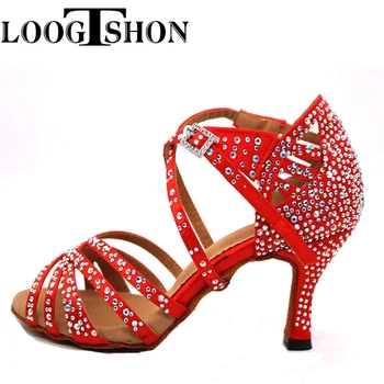 Loogtshon latină dans pantofi pentru femeie Pantofi de Dans latino stralucitoare ROȘU BULE satin Femei Salsa party Ballroom pantofi