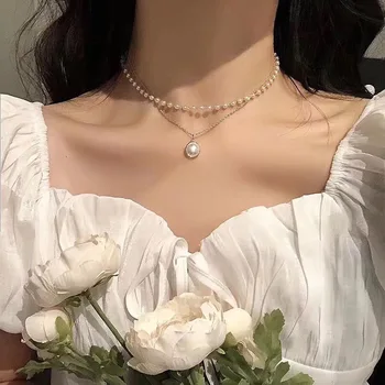 Perla Cravată Colier Moda Kpop Simplitate Dublu Strat Multistrat Lanț Pandantiv Pentru 2021 Femei Bijuterii Fata Cadou