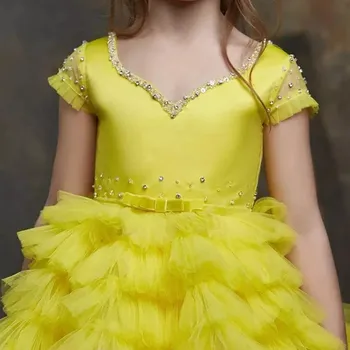 De lux Cristal Margele Flori Girl Rochii pentru Nunta Niveluri Tul V Gâtului Prima Comuniune Rochie pentru Copii Rochie Concurs