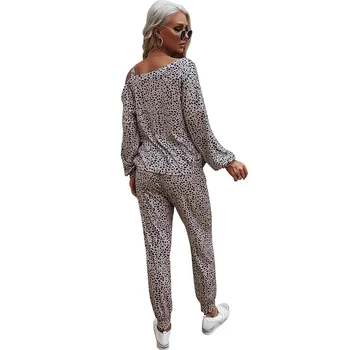 Modern, din Doua Piese Seturi de Pijama Femei Top si Pantaloni Leopard Print cu Maneca Lunga Bluze Dantela Sus Pantaloni Largi Picior Pantaloni Costume