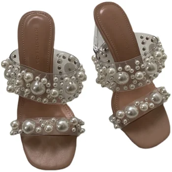 ZAR O Femeie 2021 Pantofi Primavara-Vara Noua Moda Cristal Transparent Perlat Gros Sandale cu Toc Papuci de casă Chaussure Femme