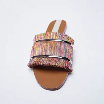 2021 Designer De Vara Slide-Uri De Femei Sandale Plate De Culoare Amestecat Ciucuri Casual, Papuci De Plaja