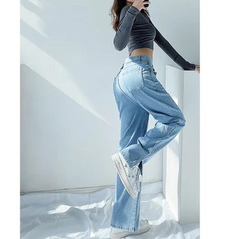 Albastru Casual Streetwear Femei Pantaloni Din Denim Criss Cross Talie Drept Liber De Split Blugi 2021 Toamna Stil Coreean Largi Picior Pantaloni