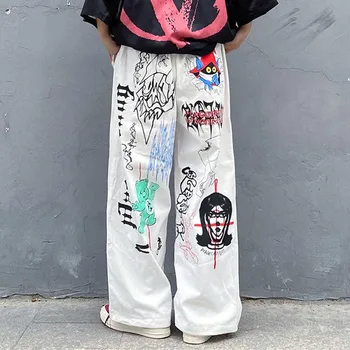 Harajuku-coreean Y2K Hippie Palazzo Pantaloni Femei Retro 90 Estetice de Desene animate Anime Pantaloni Oversize Feminin Graffiti Largi Picior