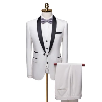 (Jachete+Vesta+pantaloni) 2021 Bleumarin alb Bărbați Costum 3 Piese Formale de Afaceri Costum Frac Șal Rever pentru Nunta Mire Sacouri 6XL