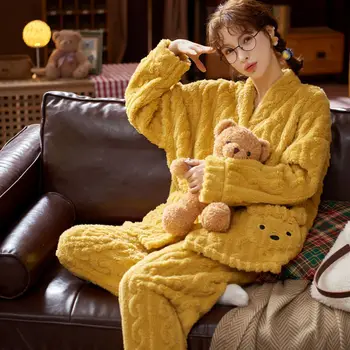 Iarna Pijamas cu mâneci Lungi de Toamna Iarna pentru Femeie Îngroșarea Dulce Drăguț Versiune Pijama Set de Pijamale Femei, Pijamale Femei Costum
