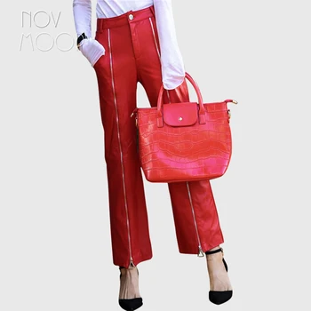 Novmoop high street stil liber femei de primăvară fermoar decor piele de oaie piele pantaloni drepte calça feminina LT2981