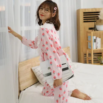 Minunat de capsuni maneca lunga housewear Fete Costum de viață val pijamale de bumbac de dimensiuni mari vrac coreean dantela fierbinte de vânzare