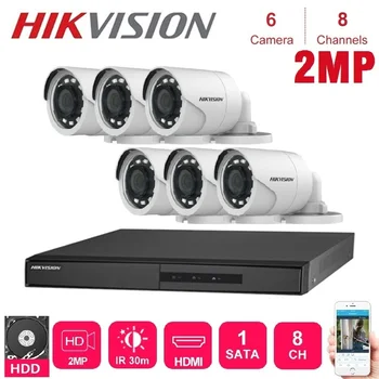 Hikvision engleză 6Pcs în aer liber 2MP 4 În 1 Hd Night Vision Camera Cu 8 Canale Dvr de Supraveghere Cctv, Sistem de Securitate, Kituri