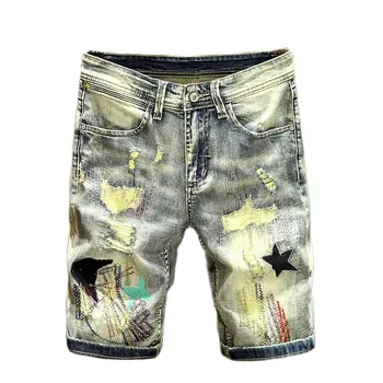 Vara Subțire 2021 Streetwear Rupt Patch Denim pantaloni Scurți pentru Bărbați de Brand la Modă Broderie Cowboy Adolescenți Mijlocul pantaloni Scurți de Blugi Pantaloni