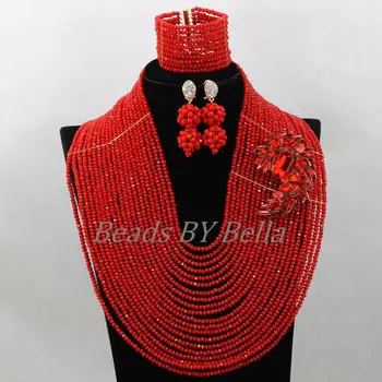 Uimitor de Mare Plin de Mărgele Roșii Femei Costum de Africa de Bijuterii de Mireasă Seturi Nigerian Nunta de Cristal Colier Set Transport Gratuit ABK597
