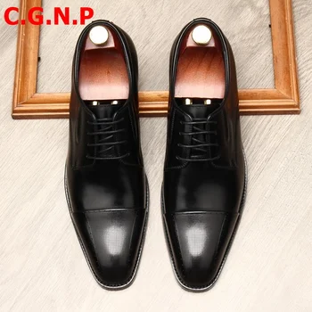 C. G. N. P Cafea Neagră din Piele de damă Pantofi Pentru Bărbați italiană Dantela-up Derby Barbati Pantofi Rochie Office Shoes Mens Pantofi de Nunta