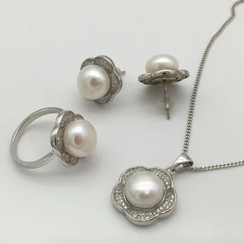 Naturale de apă dulce 10-11MM perla pandantiv colier inel cercei argint 925 bijuterii set