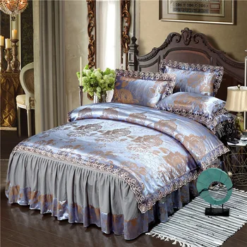 De lux Dantelă Fusta Pat Design 3 sau 4 Seturi de lenjerie de Pat King Queen-Size Satin Jacquard Carpetă Acopere lenjerie de pat Cuvertura de pat Textile de Casa